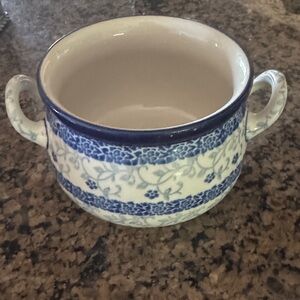 Ceramika handmade in Poland white and blue soup cup RARE